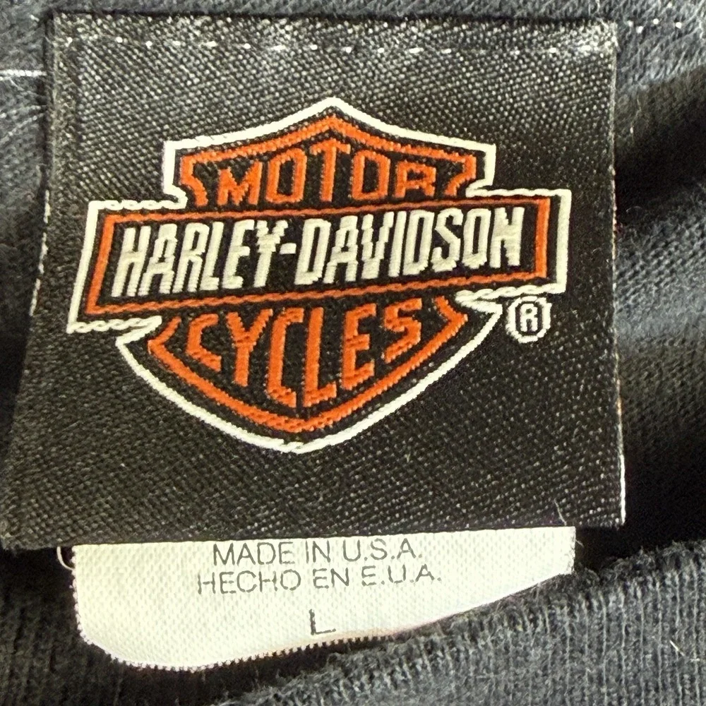 Harley Davidson T Shirt L Black Made In USA Hollywood CA Flame‎ Skull Biker VTG